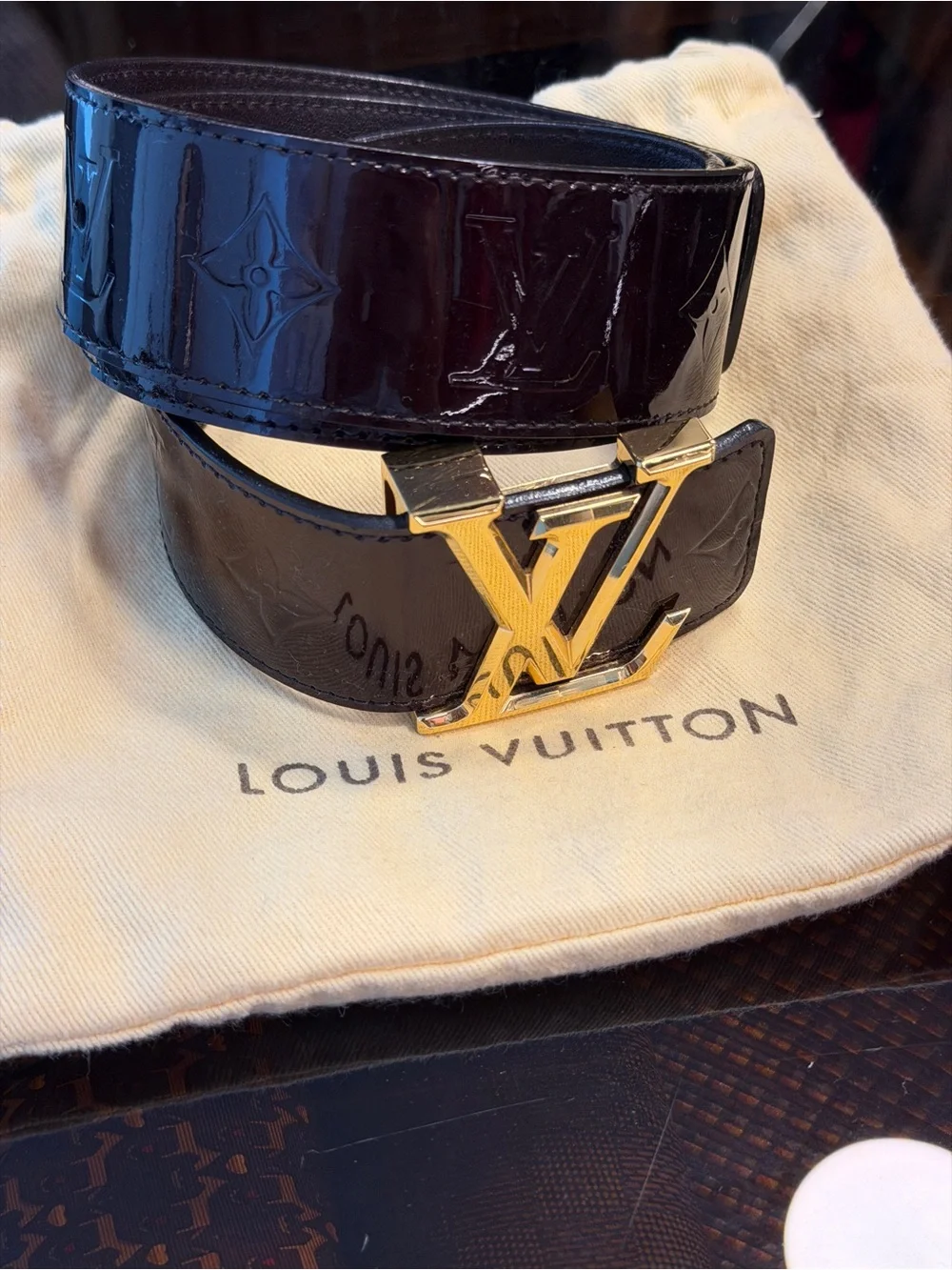 Louis Vuitton Vernis Patent Belt in Deep Bordeaux with Gold LV Buckle